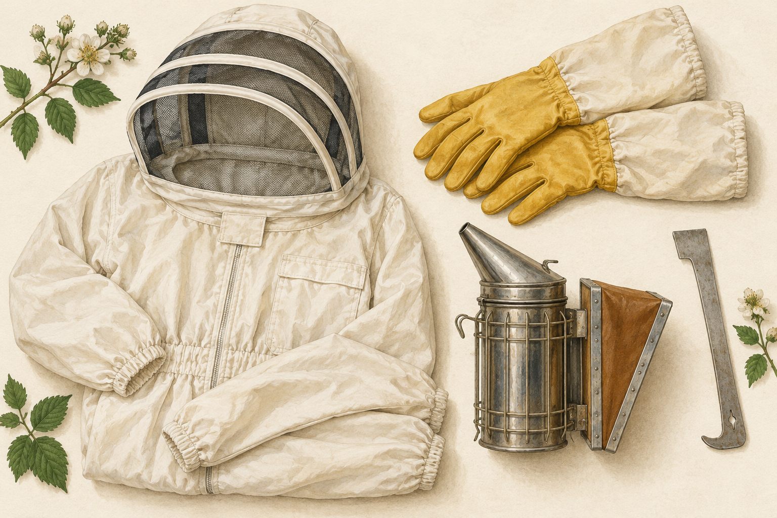 Illustration of an unbranded bee suit, gloves, smoker and hive tool